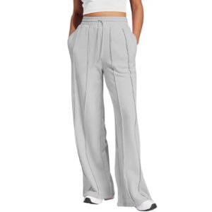 BRDFRL High Waisted Sweatpants for Women Elastic Elevated Seams Wide Leg Drawstring Loose Long Pants with Pockets Gray L