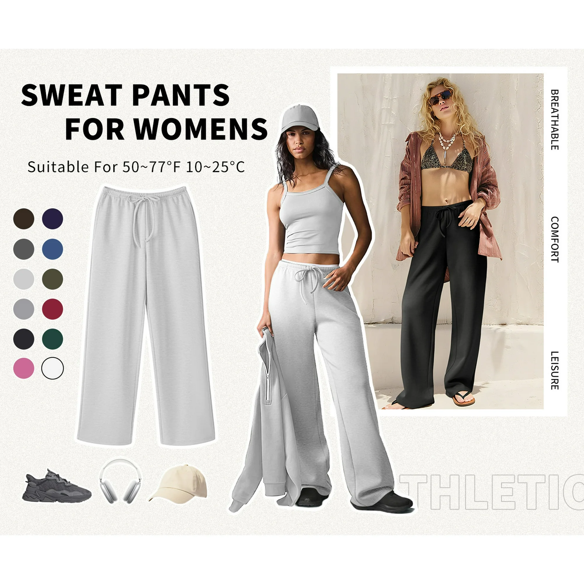 TEMOFON Women's Straight Leg Low rise Sweat Pants Wide Leg Sweatpants Drawstring Elastic Low Waist Pants with Pockets